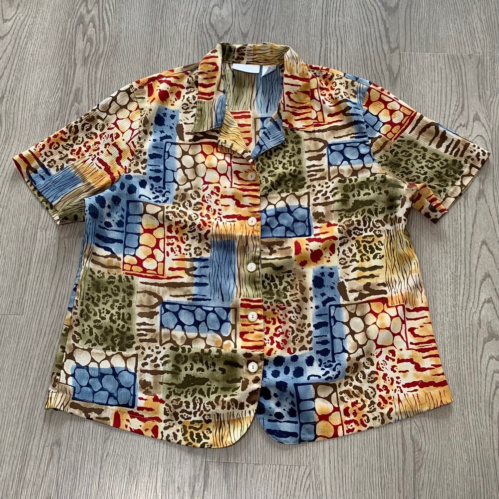 Vintage Animal‎ Print Patchwork Button Up Chiffon Blouse Womens Size 16 XL Artsy